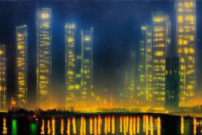 Night, cyberpunk buildings near pine trees, impressionism painting