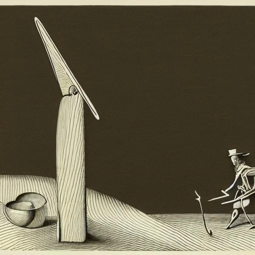 hand drawn in single line by Nicolai Blatter with hatch with parallel wavy lines metal engraving representing the Adventures of Don Quixote de la Mancha in bosch style or salvador dali style