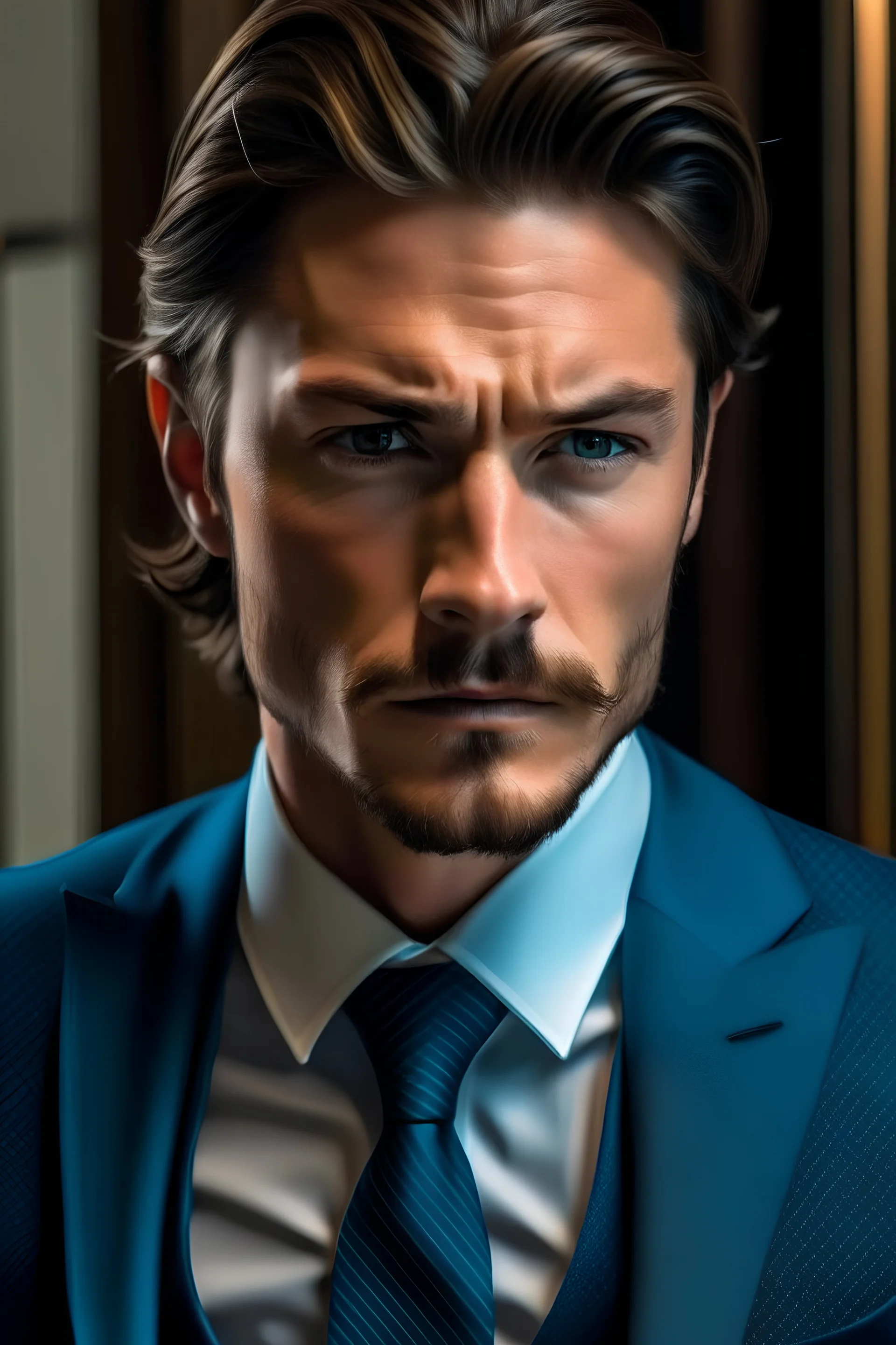 mostrar rostro de modelo masculino con un traje de bertona trajes, camisa abierta