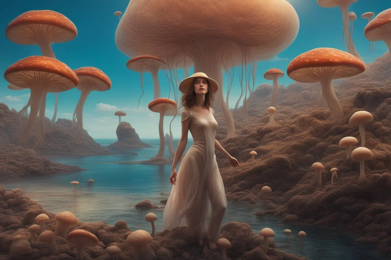 woman in a tight suit, on the shores of an alien world, with mushrooms, with jellyfish tentacles floating in the air, photorealistic, Detailed Matte Painting, Deep Colour, Fantastical, Intricate Detail, sunshine, blue sky