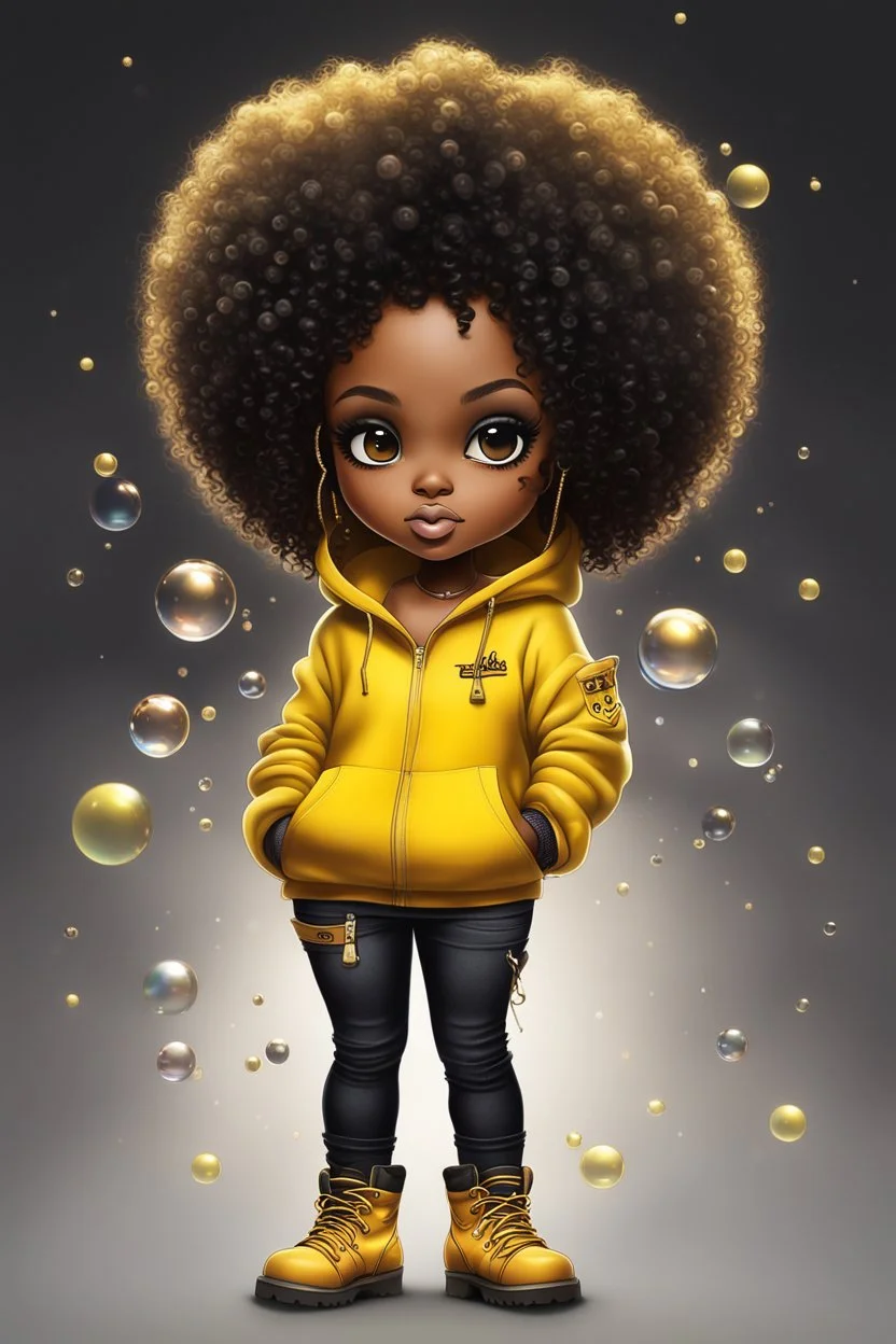 Create an airbrush illustration of a chibi cartoon black female thick curvy wearing a cut of yellow hoodie and black jeans and timberland boots. Prominent make up with long lashes and hazel eyes. Highly detailed shiny black curly afro hair. Background of a large bubbles all around her 2k