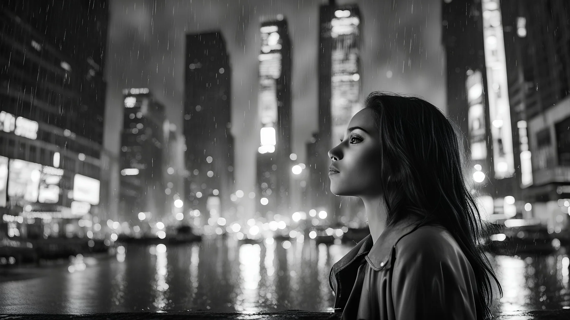 new york late night, tall skyscrapers, girl looking at the sky on the street in the rain, photographic, black and white
