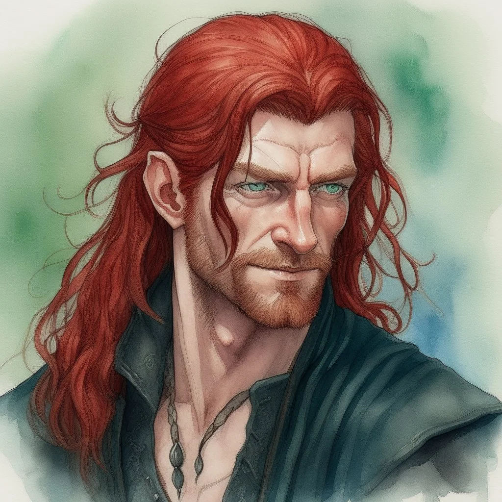 dnd, fantasy, watercolour, large strokes, stylistic, portrait, illustration, dull colours, male, face, narrow long face, weathered face, green eyes, determined, smiling, red hair, very long hair streaming down the shoulders, lush hair, radiating light, five o'clock shadow