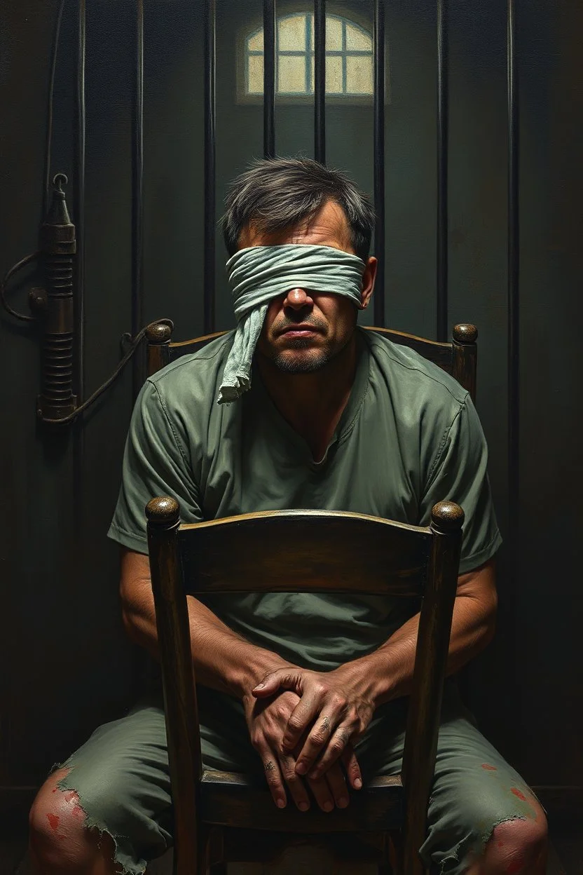 A man they but a fabric on his eye so he can not see and looks miserable with bruises on his face like he has been beating sitting on a broken chair in a prison with dem light and dark prison environments , Busch painting style , sureal