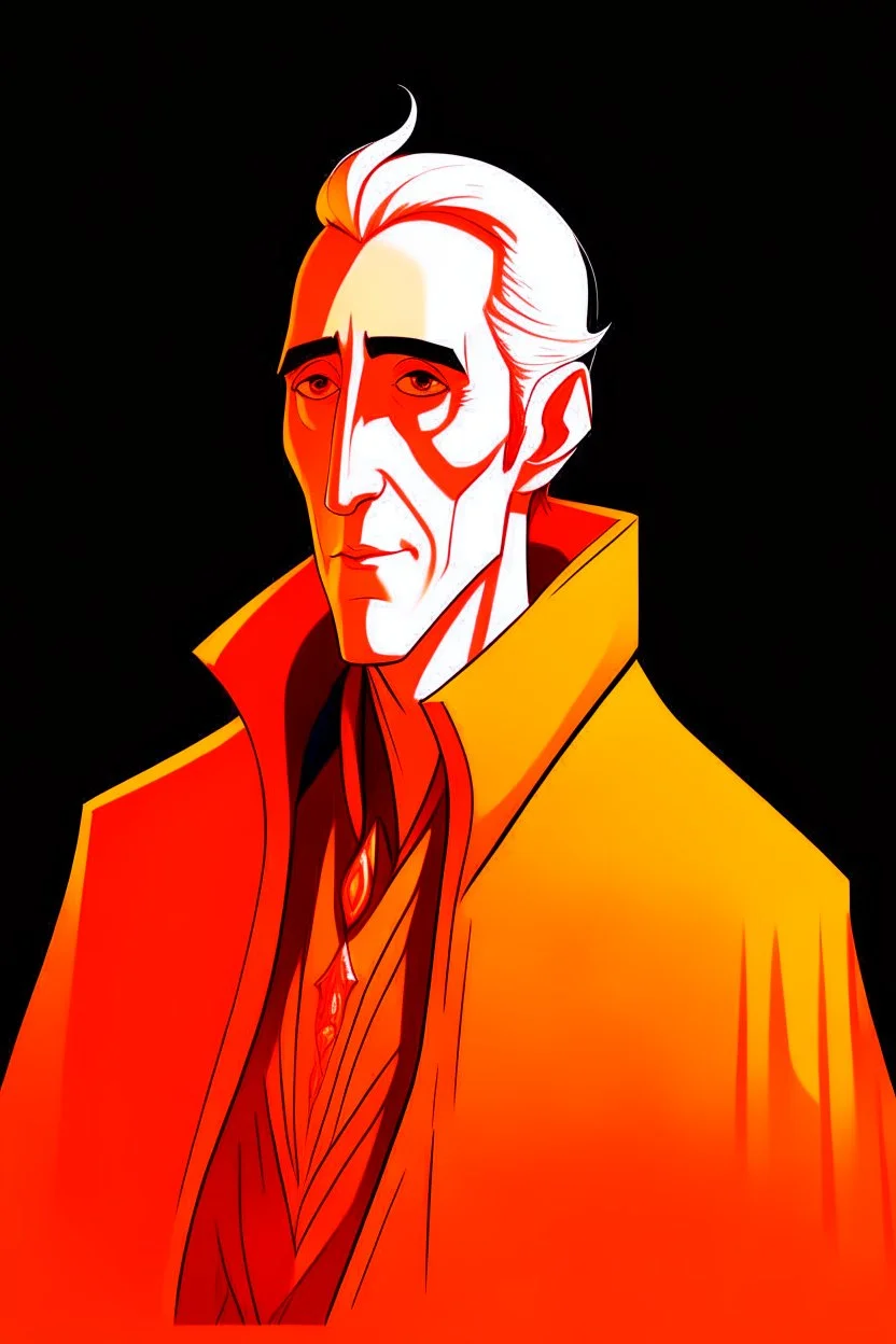 A portrait of Christopher Lee in his thirties as an elf mage, dressed in an expensive orange medieval shirt, in the style of Genndy Tartakovsky, long pointy elven ears, dark background