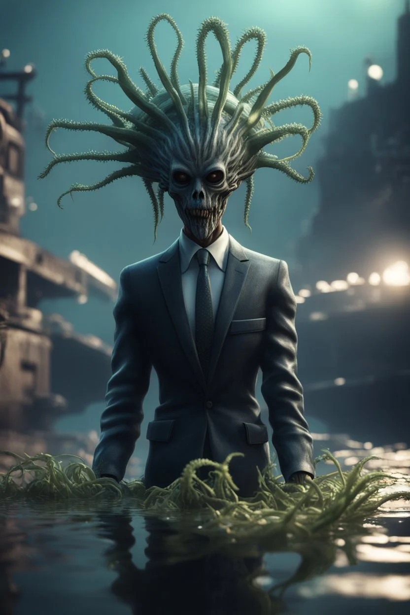 xcom's terror from the deep giger style alien with suit and tie and sea weed crown crawling onto the docks in fallout 4 setting, bokeh, downlight, prize winning, depth of field, in the style of ivo caprino