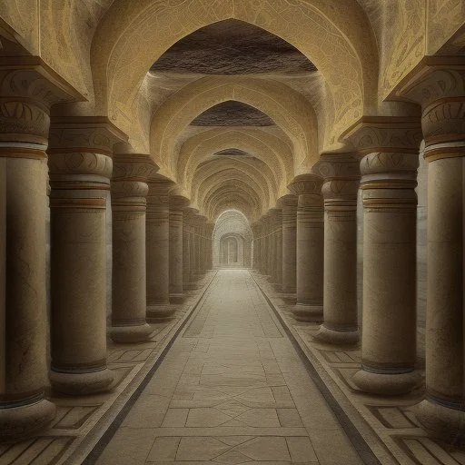in an dark dirty underground civilization with many buildings pueblo, greek, and islamic architecture