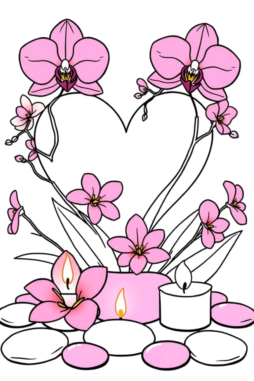 outline art for visually rich appealing heart ikebana orchids plumeria spa rounded stones around candles, coloring page for kids, white background, fit to page, only use outline, clean line art, no shadows, clear and well outlined