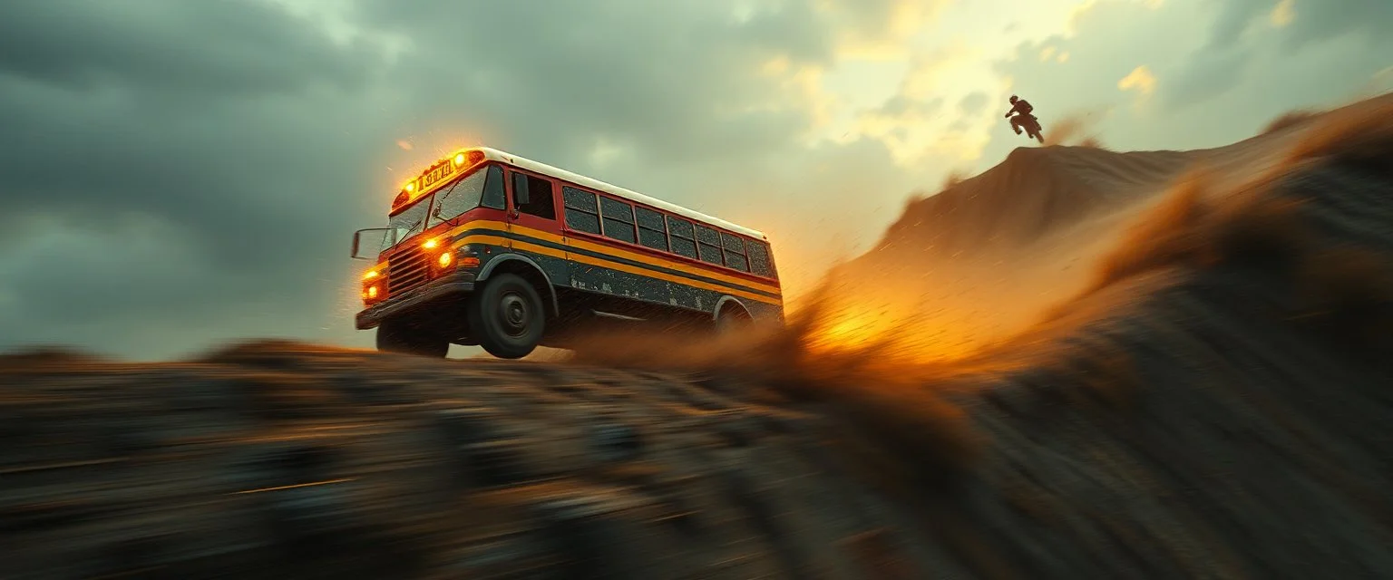 mega blasting fast, so freaking fast, faster than a greased muscle shiny cowboy disco funk fusion fluffy man gremlin monkey pig on a runaway mud black veteran buss truck jumping over the cliff . speed and energy, painted by Rembrandt and fallout 4, straight down a muddy slide, beside an orc motorcyclist