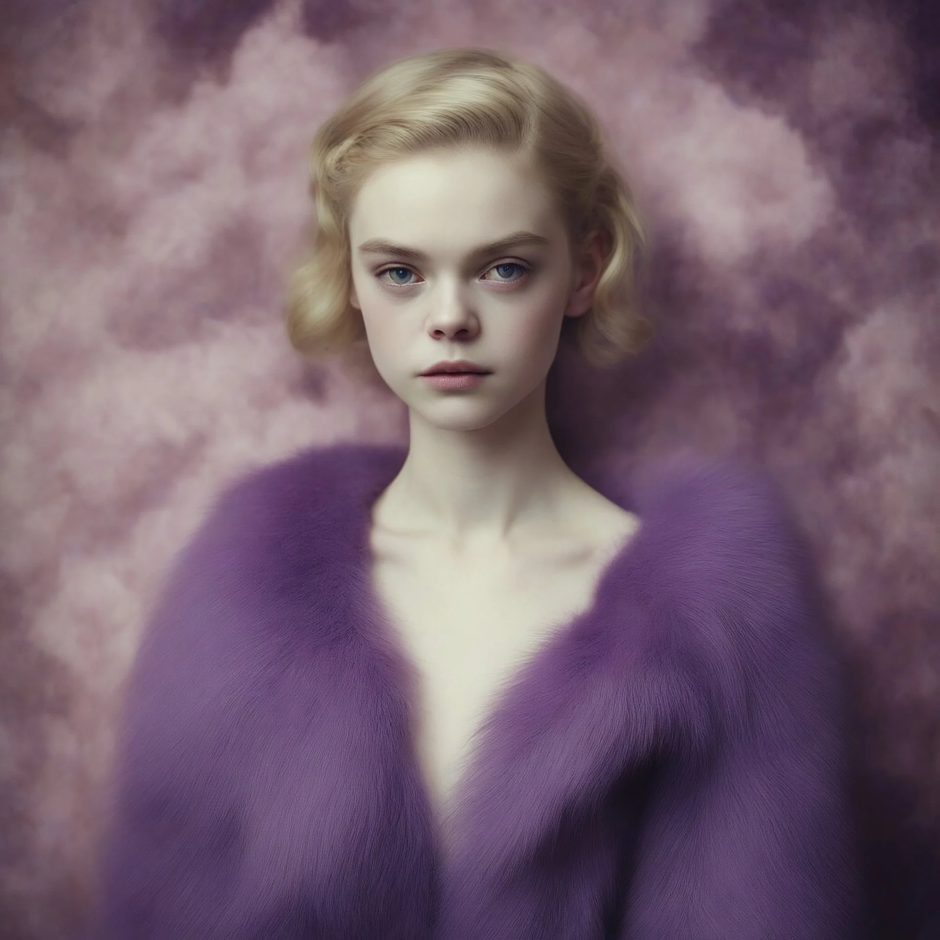 Elle fanning,.egonSchiele, purple fur, flowered wallpaper background, old autochrome