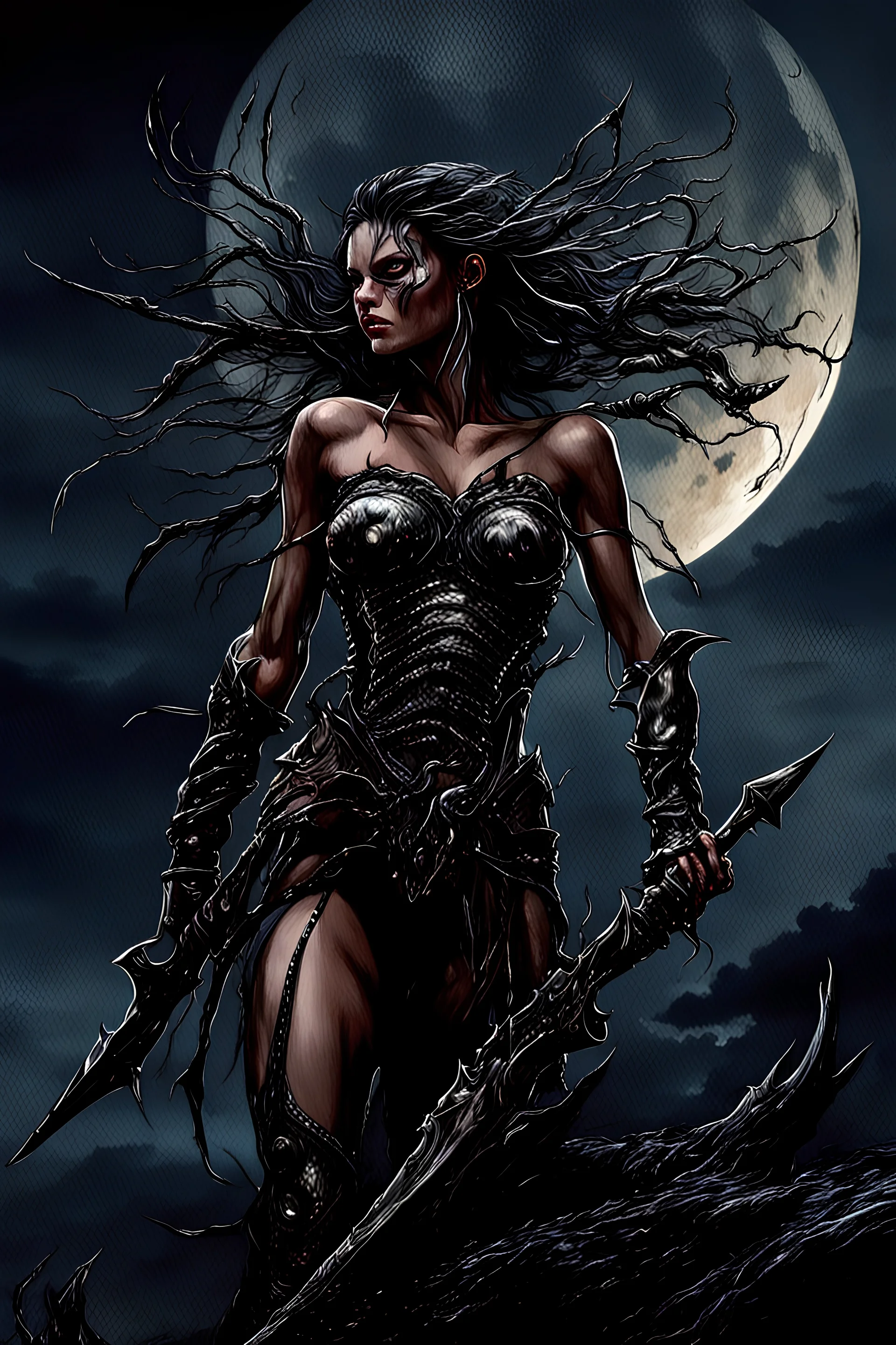 A dramatic digital painting portraying a warrior girl under the Moon, veins pulsing, claws of temptation visible, soul in turmoil. In the style of Luis Royo and Boris Vallejo and Giger, vivid colors, swirling brushstrokes, highly detailed, 8k resolution, surrealistic., juicy emotions, painting, gloomy fantasy, gloomy day, dark world, portrait, oil and graphite, wide strokes, a weaving frame around, by Ryohei Hase, Agnes Cecile, Raymond Swanland, Anne Bachelier