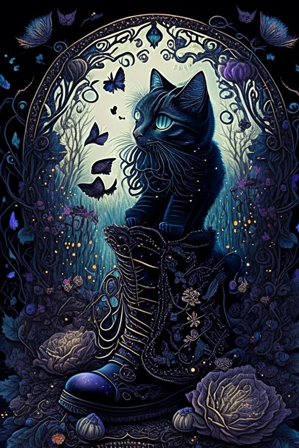 dark fantasy, intricate cover, a whimsical fairytale, Puss in Boots