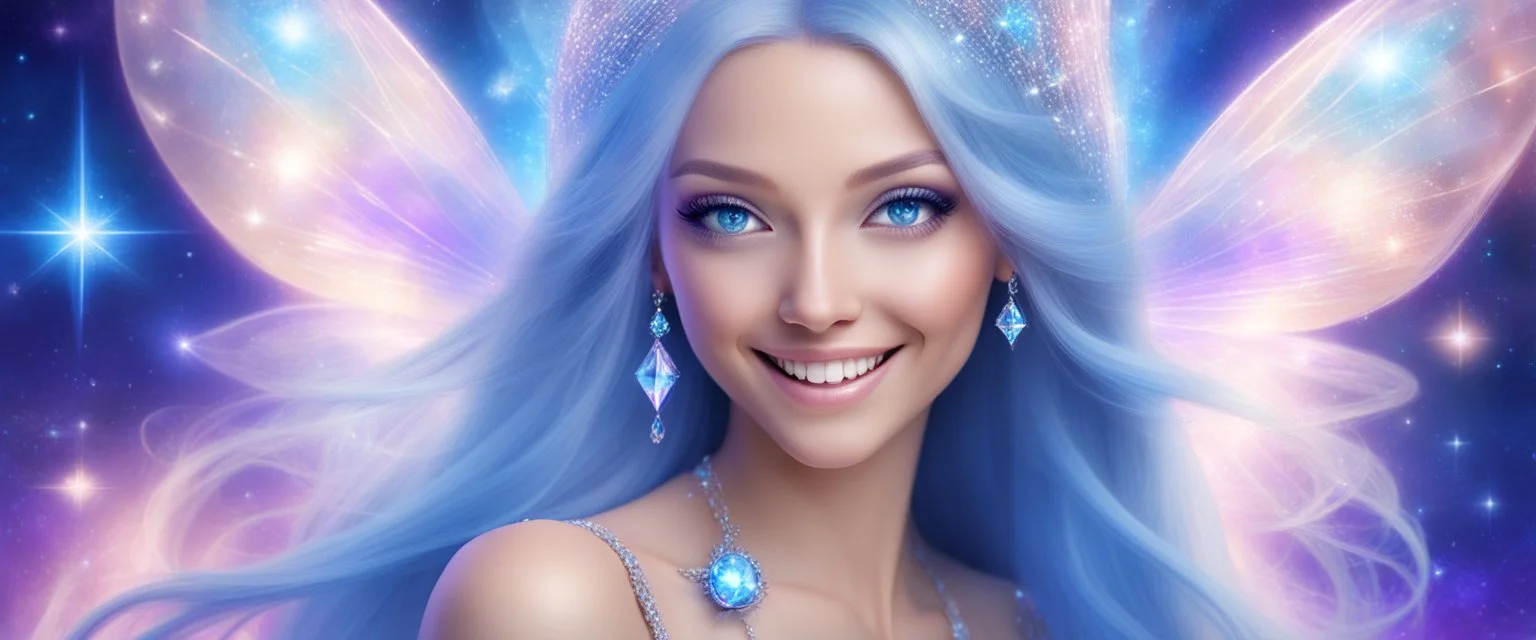entire face and head of a beautiful bright fairy cosmic women with cosmic long straight hair, crystal jewel and dressed with a magic crystal suit. she has light make up and a sweety smile. The face and the head is entire with a bright light behind