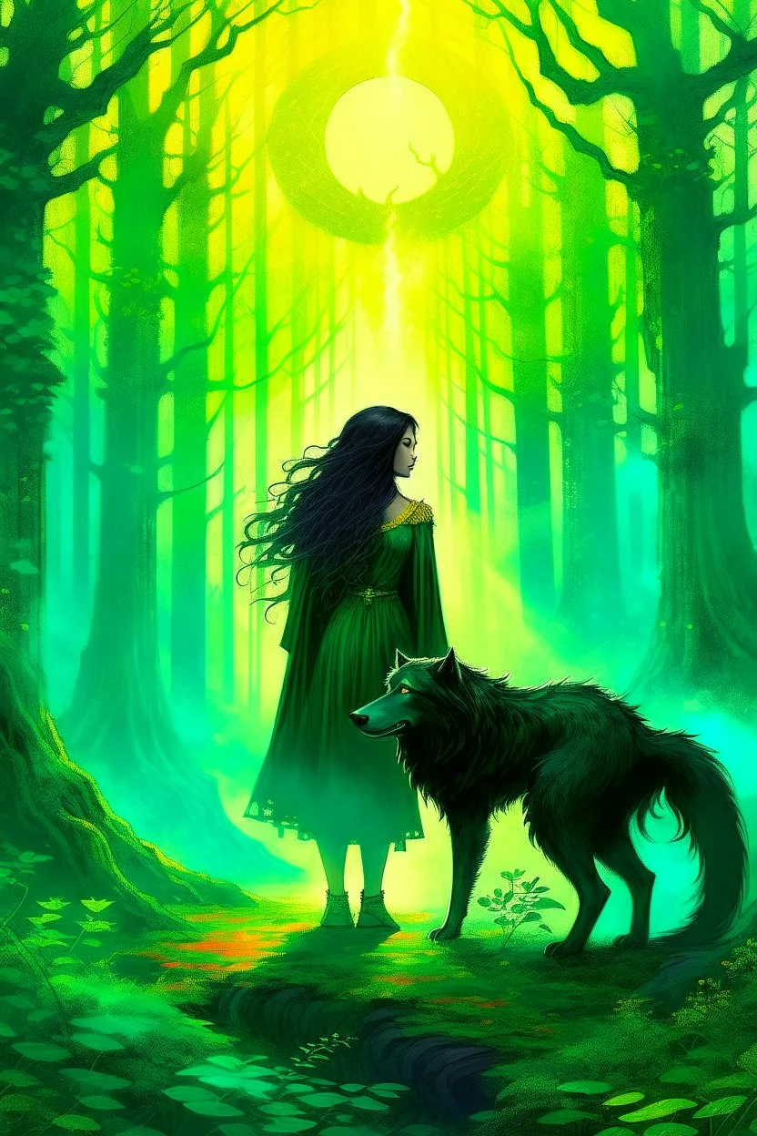 book cover, In the heart of a dense and enigmatic forest with towering ancient trees cloaked in emerald, yellow and amber foliage stood an enchanting witch possessing an ethereal allure her lustrous hair cascading in ebony waves down to her slender waist In the background a majestic canine of Belgian shepherd lineage roamed its eyes illuminated by an otherworldly crimson glow exuding an aura both mysterious and demonic