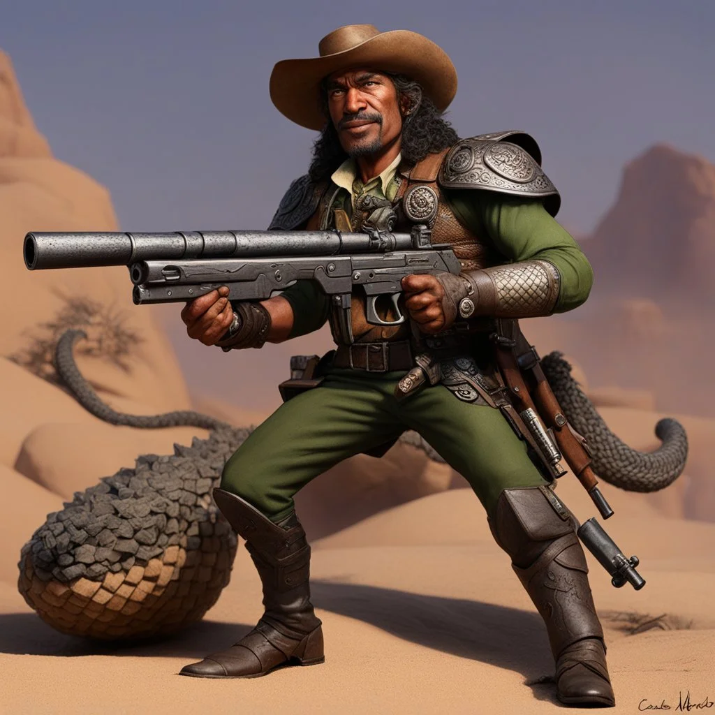 [photo by John Wagner and artist Carlos Ezquerra] Williebrod Rattlesnake the semi-elf with his riflegun