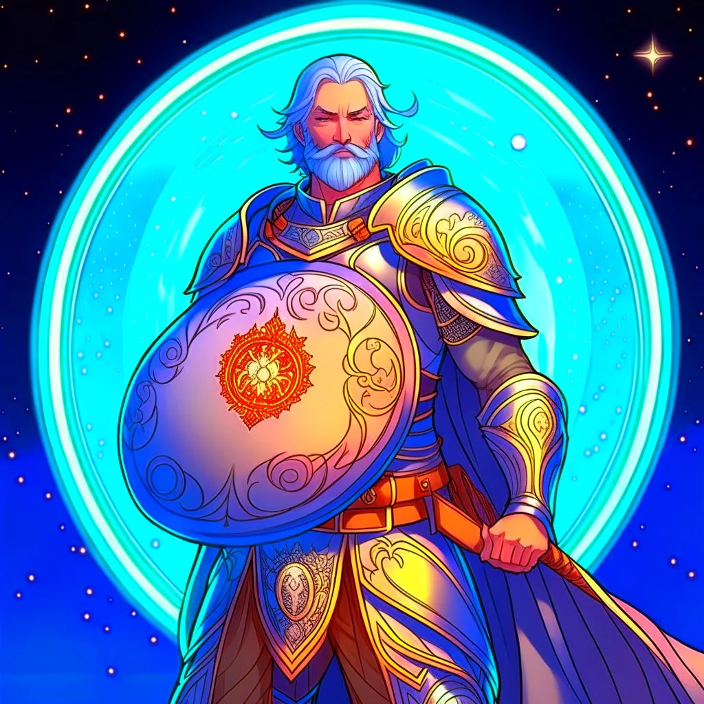 Please create an image for a 30-year old aasimar male with silver hair and a short, square beard and blue eyes. He is standing outside in the moonlight wearing plate armor and wielding a shield and a mace. His equipment is adorned in multiple places with crescent moons and stars