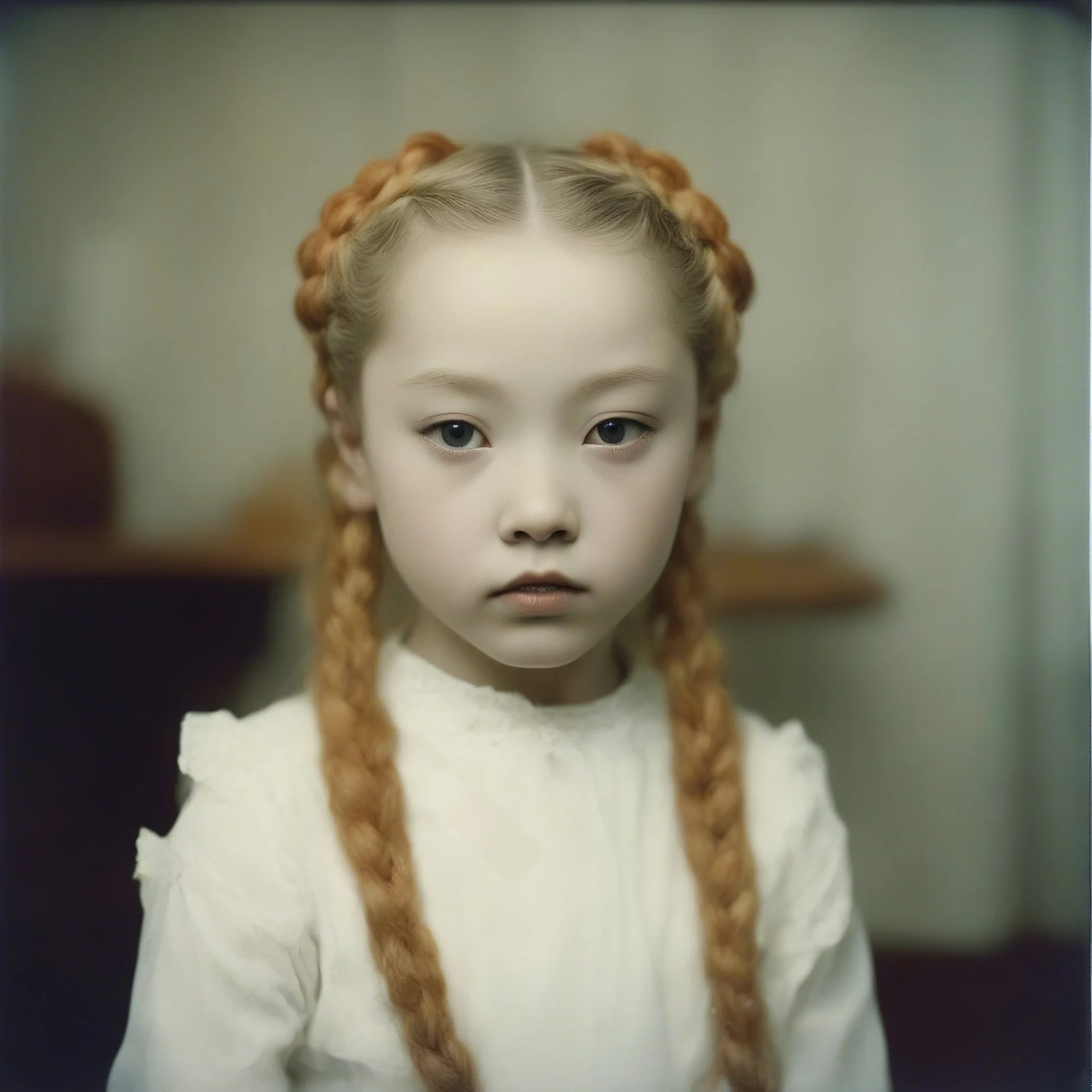 Old autochrome of devon aoki ,with orange cheeks, weird white braids., ,in a room, in 1550