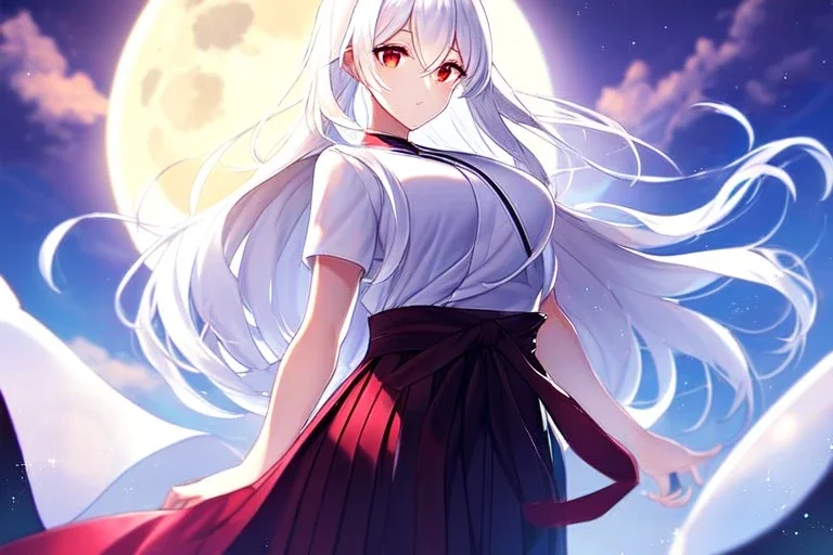 girl, masterpiece, best quality, volumetric lighting, detailed outfit, perfect eyes, long hair, white hair, red eyes, lens flare abuse, hakama, full moon,