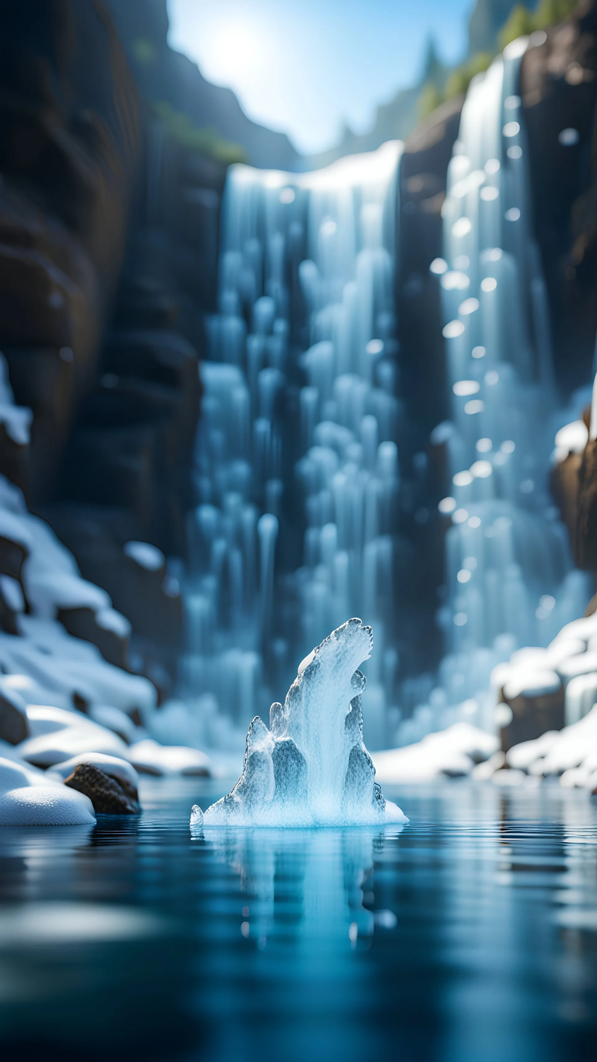 transparent ice elemental swimming at the bottom of huge waterfall,bokeh like f/0.8, tilt-shift lens 8k, high detail, smooth render, down-light, unreal engine, prize winning