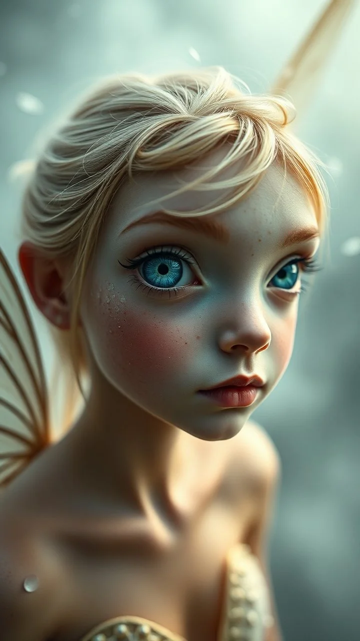 Extremely realistic photo of fairy with blue eye and a big winks, fog, general foul weather, (Rembrandt Lighting), zeiss lens, ultra realistic, (high detailed skin:1.2), 8k uhd, dslr, Dramatic Rim light, high quality, Fujifilm XT3, artwork in pale distressed tones , minimalistic approach, blends old world aesthetics art with elements of distressed painting and illustration, shadow play, high conceptuality, palette inspired by Charlene Mc Nally, Carne Grif