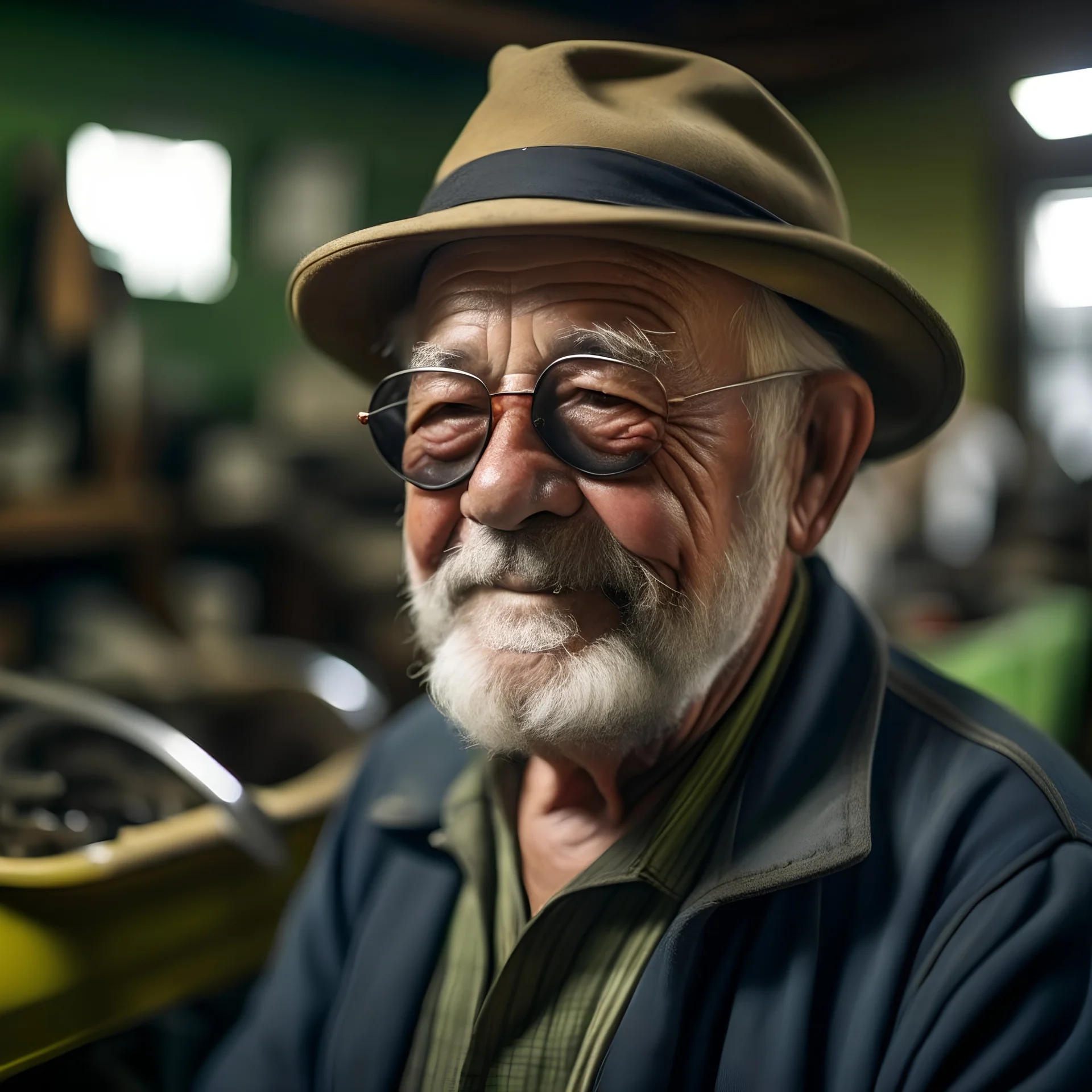 Un retrato de un anciano con un sombrero de pesca y lentes oscuros en un taller mecánico