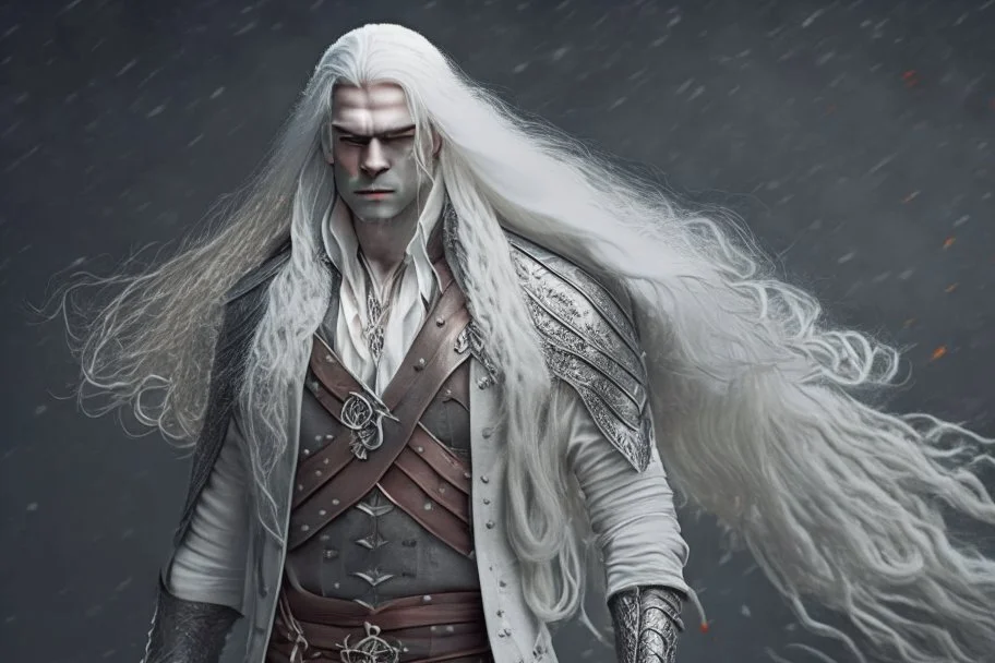 A white masculine human with long white hair. A Lot of Battle Scars. Full body. Blakc Military Outfit. HD