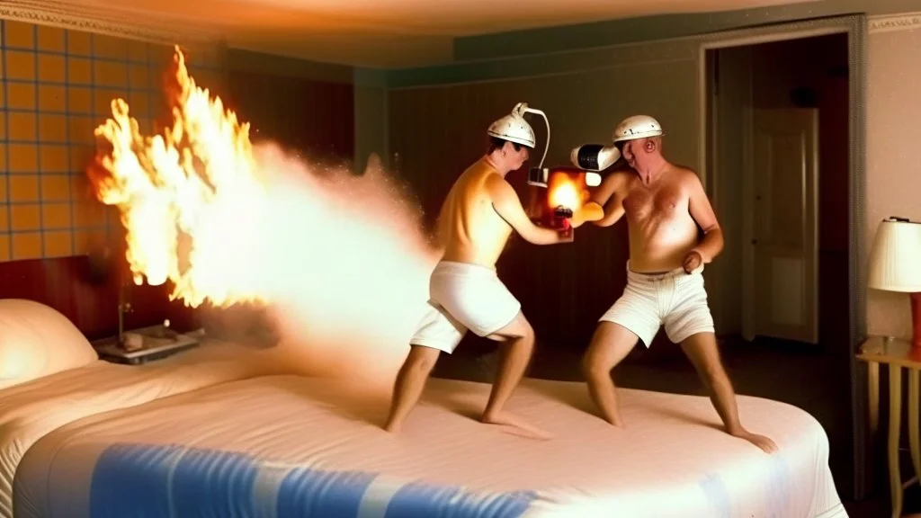 2 men in boxers spraying fire extinguisher at each other in motel room