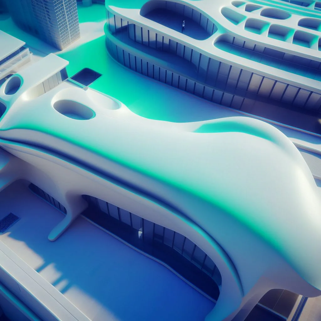 Aerial view of the Zaha Hadid style building in cream white 8k digital art