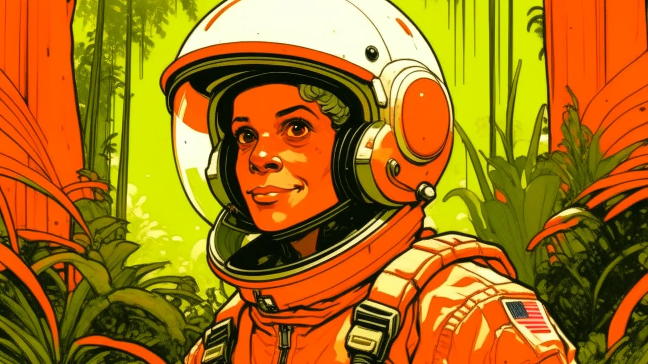 waist-up "female Astronaut in a Jungle" by Syd Mead, broken helmet tangerine cold color palette, muted colors, detailed, 8k