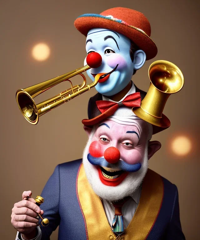 happy and funny old friendly clown with round head and trimmed beard playing jazz with a steampunk theme, trumpet on mouth, carnival, dreamy