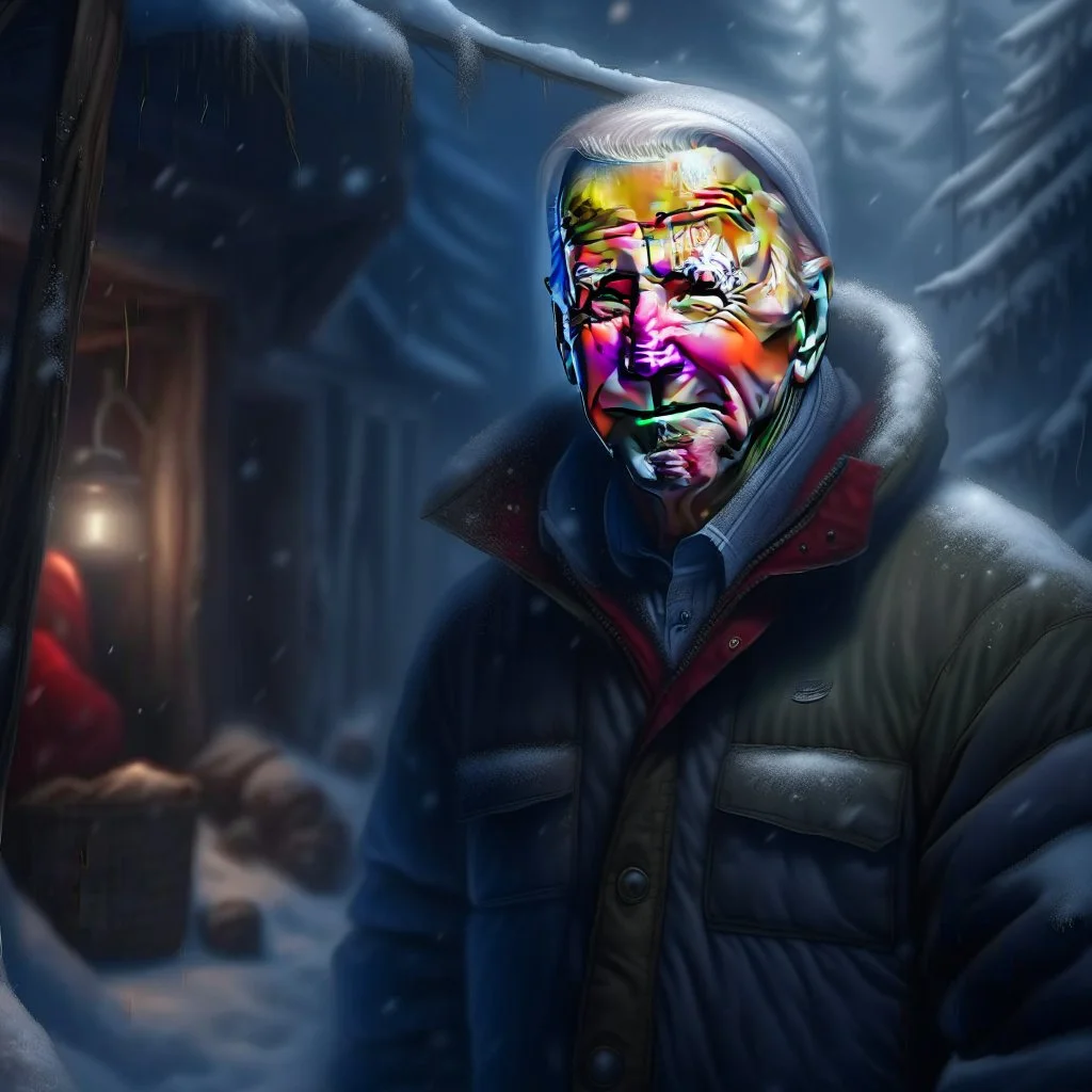 joe biden as santa claus in cosy hut in snowy misty forest, 8k, down-light, soft light, depth of field, photo realism, trending on art station, high detail