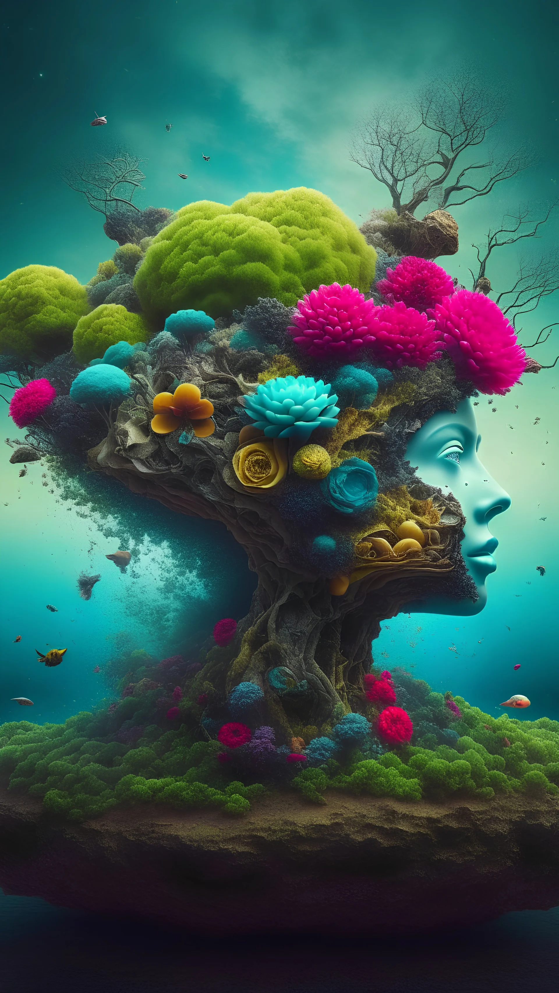surreal abstract artwork that combines elements of nature, technology and human emotions