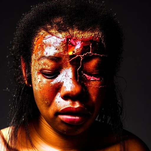 a brain exploding. kintsugi. Chaos. Portrait of a young black woman crying.a mind fracturing.confusion. Tears the colour of oil. Depression seeping out of her eyes nose and mouth like a oil spill