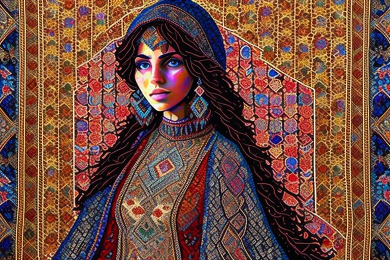 An intricate mosaic Iranian carpet from the Byzantine era in the center of the painting Beautiful gypsy girl.