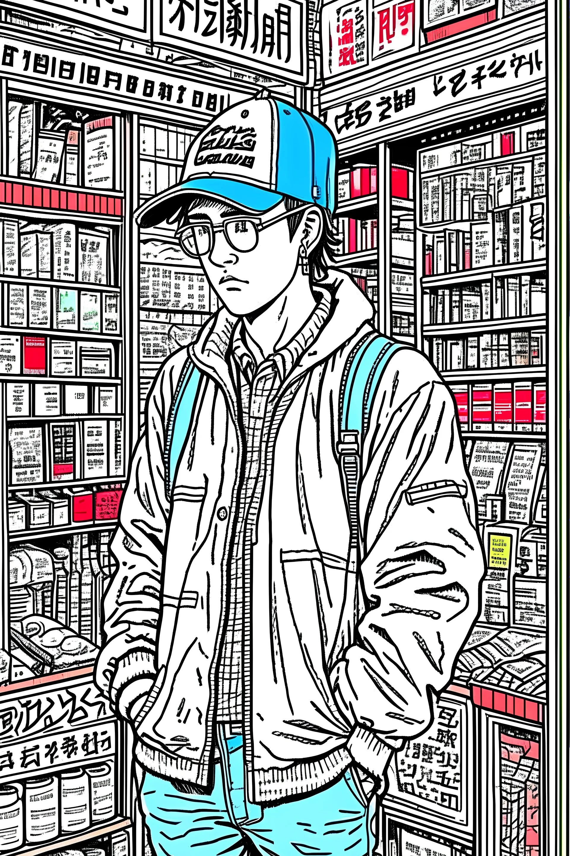 Old school rapper in the style of 90's vintage anime, surrealism, akira style. detailed line art. fine details. inside a 7/11 in tokyo
