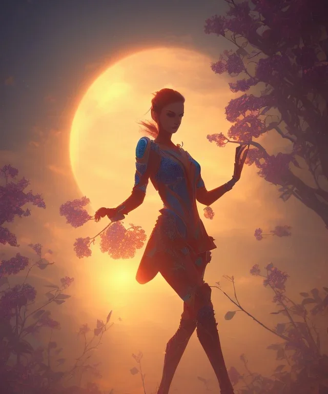 Wonder silhouette, monde en fleurs, concept art, crépuscule , bleu oranger, vibrant Color, réaliste