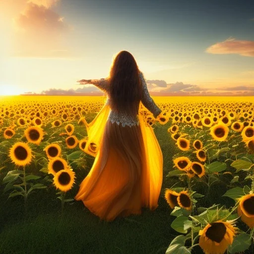 woman, back view, long brown clothes, blond hair, sunflower field, sunset