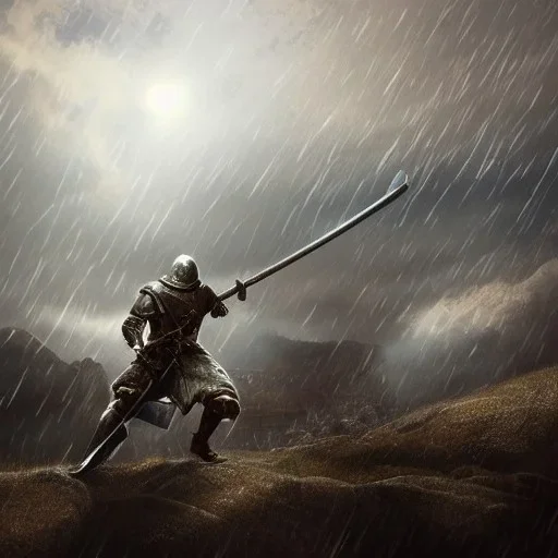 Sword soldier. Medieval doom scenary. Heavy rain. Epic Lighting in the sky. Falling object from the sky. Meteorite burning in the distance.