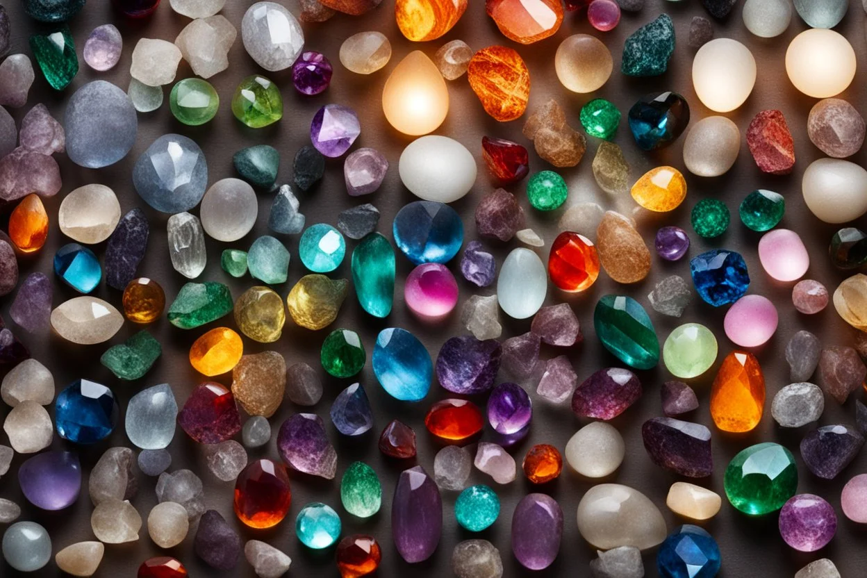 top view of lot of coloured gemstones in candlelight