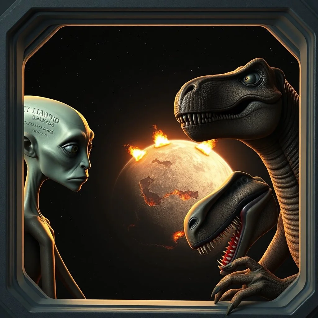 two sad characters gazing out of a spaceship window at a cratered burning close up 3d planet. On the left an thin alien with very pointy shape head and with x-shaped mouth, and on the right a bigg stronger dinosaur-like creature with big head sharp teeth. The background displays a dark space scattered with distant stars and three small explosions occurring on the planet's surface, adding a dramatic sense of action to the scene. realistic, detailed, cinematic, sci-fi