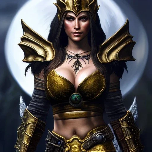 ultra detailed fullbody Portrait in oil on canvas of a beautiful busty woman with Skyrim Dragon priest mask and armor,extremely detailed digital painting, extremely detailed face,crystal clear Big eyes, mystical colors ,perfectly centered image, perfect composition,rim light, beautiful lighting, 8k, stunning scene,extremely sharp detail, finely tuned detail, ultra high definition raytracing, in the style of robert e howard and pablo oliveira and Ken Kelley and Ohrai Noriyoshi and Simon Bisley