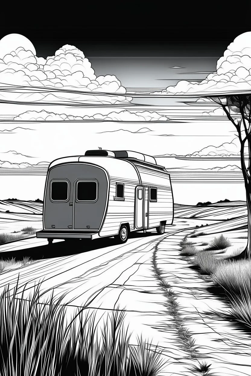 Outline art, no shading, caravan on the road, cartoon style, black and white, low detail, --ar 9:11
