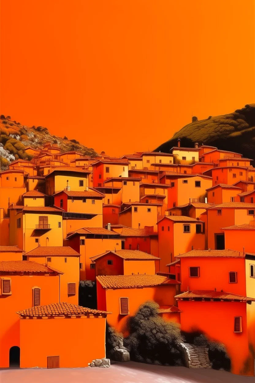 An orange colored town with battery-shaped buildings painted by Gustave Courbet