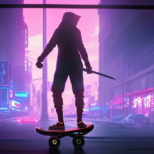 photo of a ninja riding a skateboard; in an alternate universe in tokyo; cyberpunk; realistic; rain; neon signs