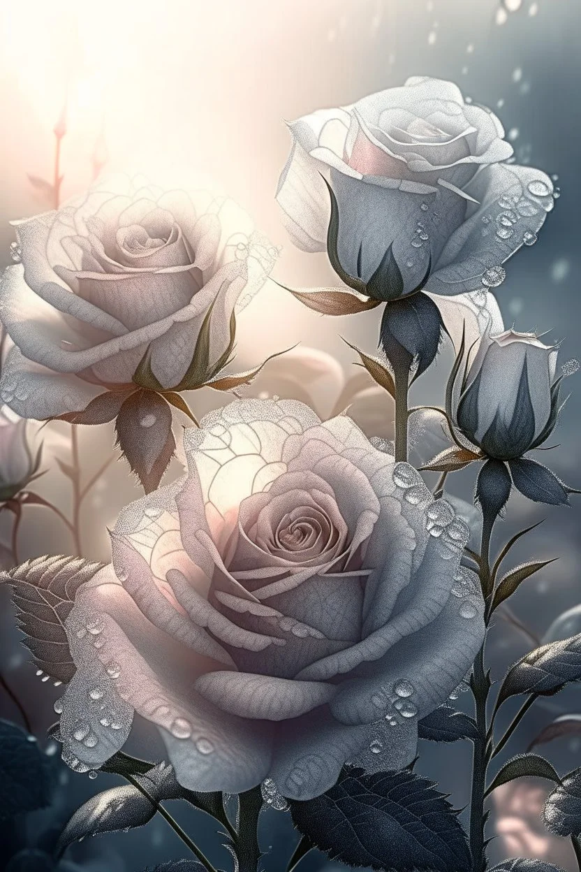 rose flowers,delicate petals,natural light ,sunlight,dew,fine ink drawing,landscape,fog,lots of details,realistic,high quality,3d, work of art,hyperdetalization,professionally,filigree,hazy haze,hyperrealism,transparent,delicate pastel tones,back lighting,contrast,fantastic,unreal,translucent,glowing,clear lines,horror,epic,fabulous,fabulous landscape