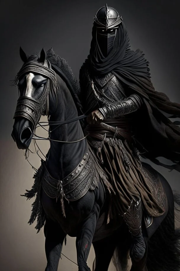 Arab warrior Full Body Full Armored Wearing Face Masculine Mysterious Powerful Fantasy High Quality Carrying his bow black clothes His horse behind him