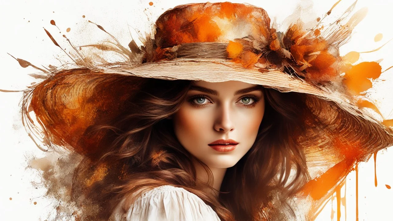 Vintage art, brown and orange shades, sunny day, straw hat for woman, summer dress, splashes of art, in the style of Dante Gabriel Rossetti, Yossi Kotler, Camilla D'Errico, masterpiece, fine art in the style of Carne Griffiths, Paula Hoppe