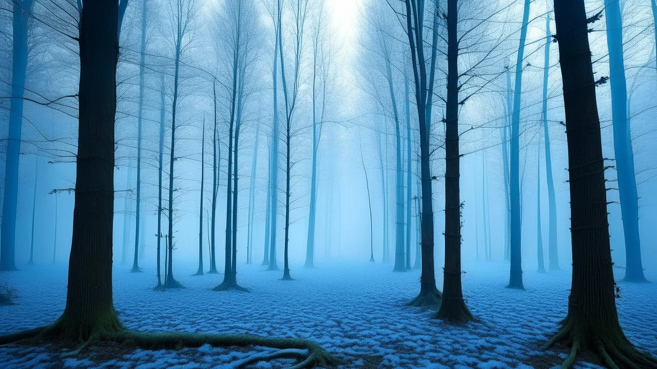 A cyan forest covered in fog designed in German folk art