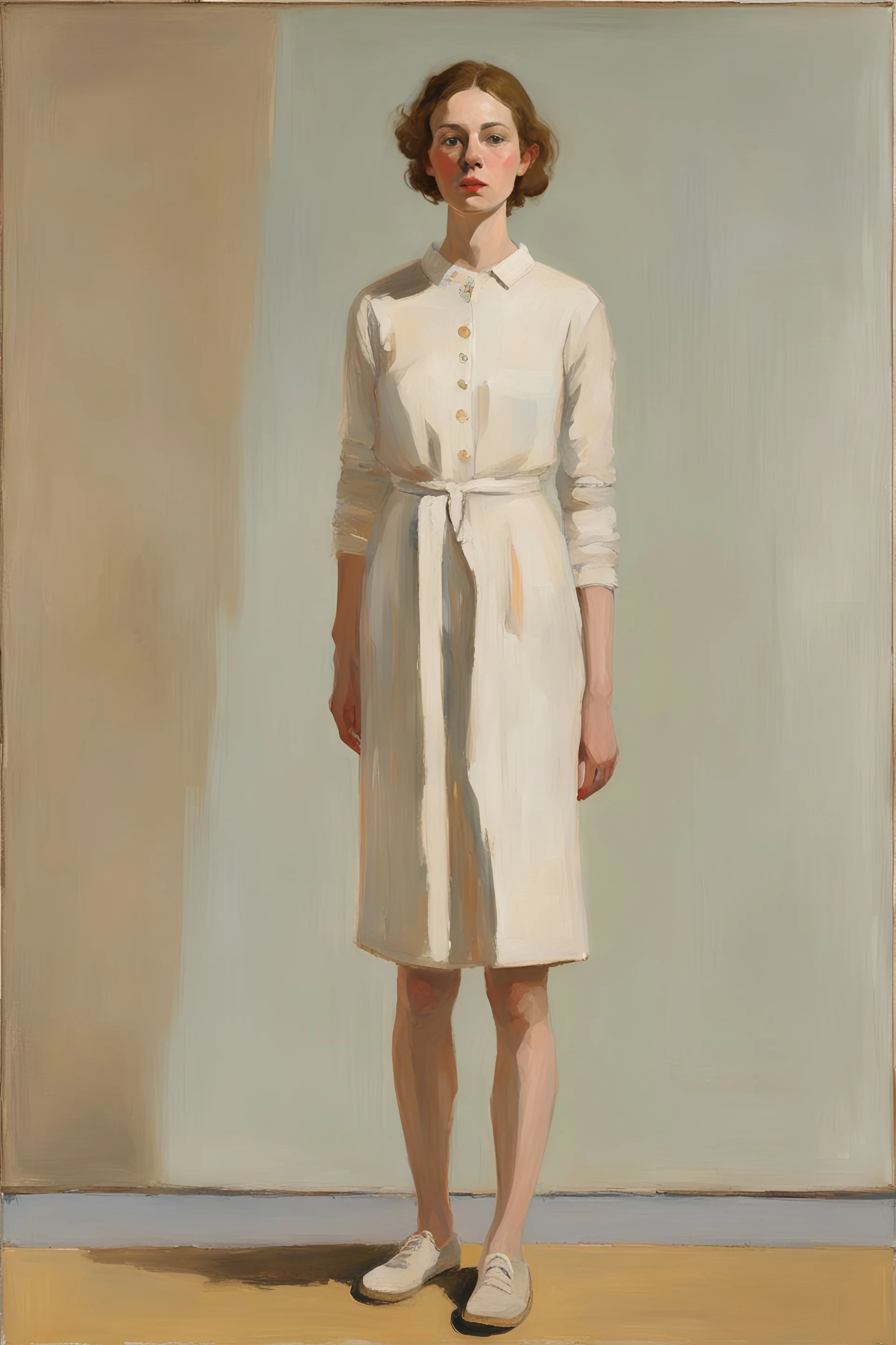 Full body portrait in Maria Lassing-Euan Uglow oil painting wanderlast woman face fashion in a room with sunlight from the right.