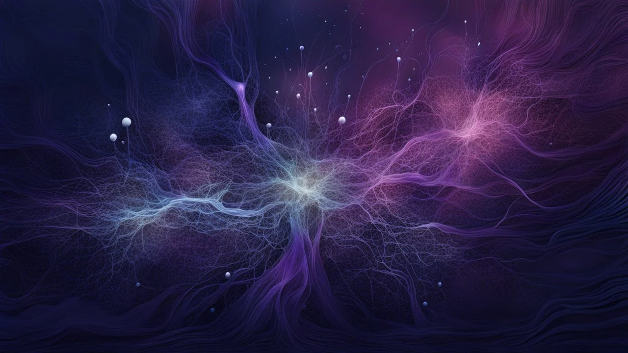A minimalist abstract 2d digital art graphic and ink montage,. Deep dark purple background with pale neural network background, human nervous system with fade little lights , white-dark blue-pale gray and black colors, Clean composition with strange vibe, with surreal vibe, Photorealistic with emotional with abstraction , neurodivergens soul and mind, cinematic, glitch